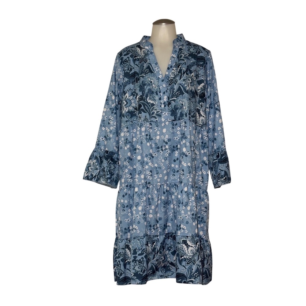 Floral Paisley Tiered Tunic Dress Women Blue Bell Sleeve Boho NEW w/ out Tag XXL